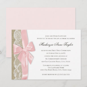 Pink Bow and Lace First Communation Einladung