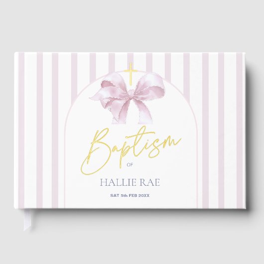 Pink Bow and Stripe Foil Baptisbook Gästebuch (Vorderseite)