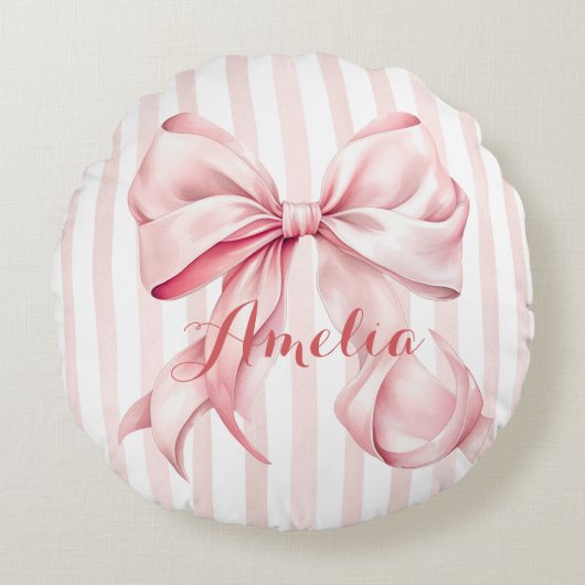 Pink Bow and Stripes Personalized Rundes Kissen (Vorderseite)