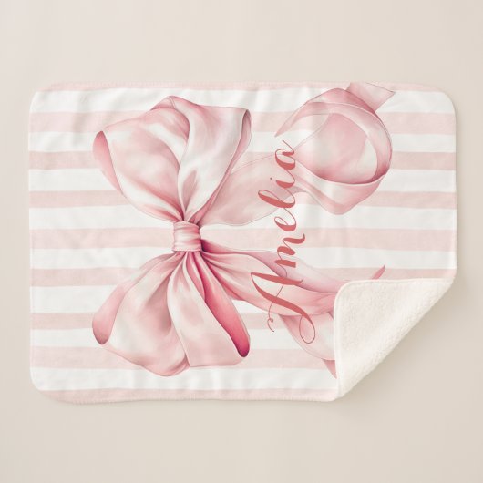 Pink Bow and Stripes Personalized Sherpadecke (Vorderseite (Horizontal))