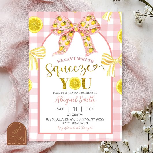 Pink Bow and Yellow Lemon Baby Shower Invitation Einladung
