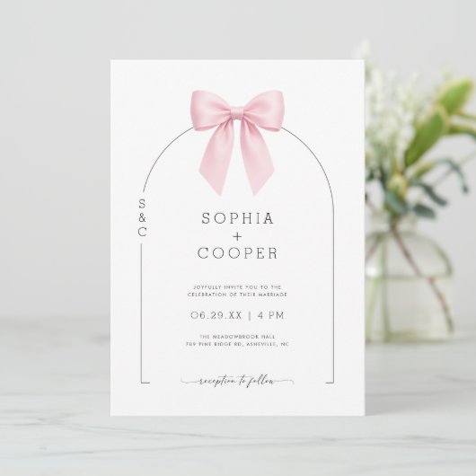 Pink Bow Arch Modern Serif Wedding Invitation Einladung (Stehend Vorderseite)
