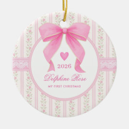 Pink Bow Baby 1st Christmas Coquette Floral Photo Keramik Ornament