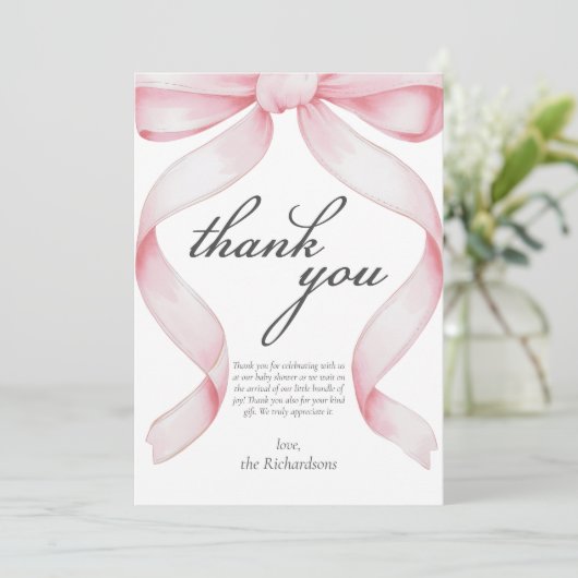 Pink Bow Baby Dusche Danke Karte (Stehend Vorderseite)