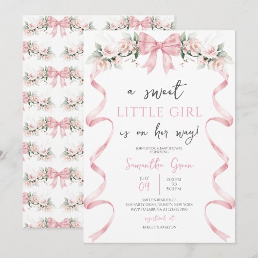 Pink Bow Baby Dusche Einladung (Vorne/Hinten)