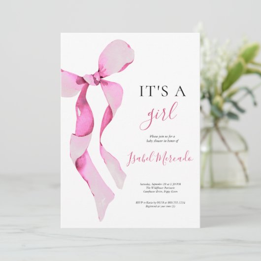 Pink Bow Baby Dusche Einladung (Stehend Vorderseite)