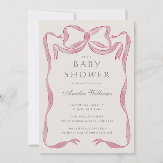 Pink Bow Baby Dusche Einladung (Vorderseite)
