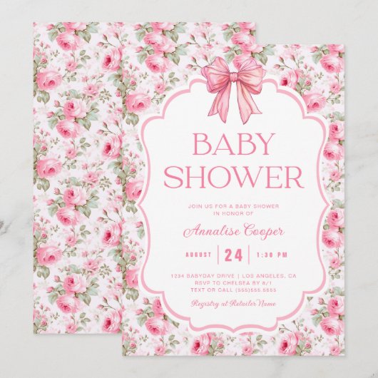 Pink Bow Baby Dusche Einladung (Vorne/Hinten)