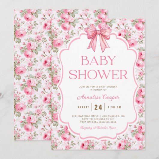 Pink Bow Baby Dusche Einladung (Vorne/Hinten)