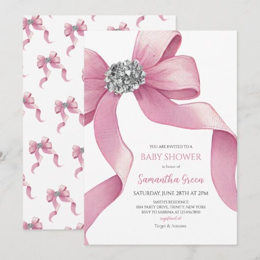 Pink Bow Baby Dusche Einladung (Vorne/Hinten)