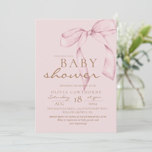 Pink Bow Baby Dusche Rosa Einladung (Stehend Vorderseite)