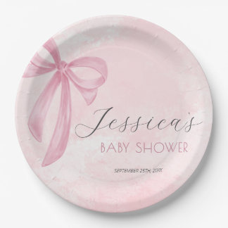 Pink Bow Baby Dusche Rosa Wasserfarbe Pappteller