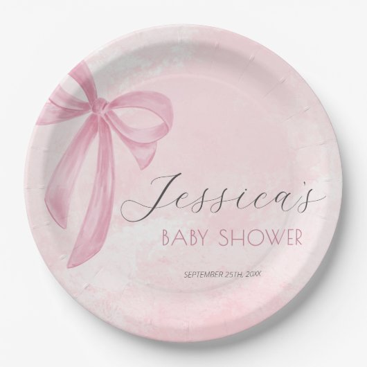 Pink Bow Baby Dusche Rosa Wasserfarbe Pappteller (Vorderseite)