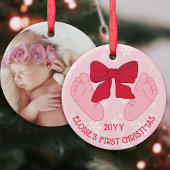 Pink Bow Baby Feet Photo Daughter First Christmas Keramik Ornament