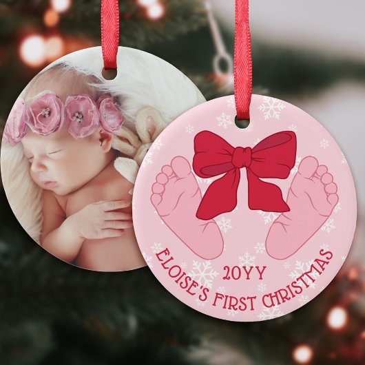 Pink Bow Baby Feet Photo Daughter First Christmas Keramik Ornament