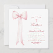 Pink Bow Baby Girl Baptisse Einladung (Vorderseite)