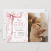 Pink Bow Baby Girl Dusche Foto Einladung (Vorderseite)