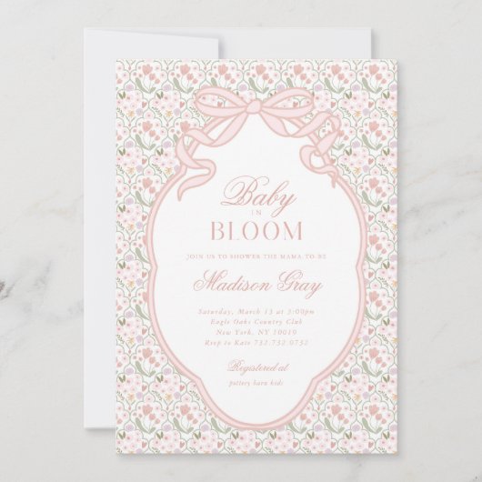 Pink Bow Baby in Bloom Baby Dusche Einladung (Vorderseite)
