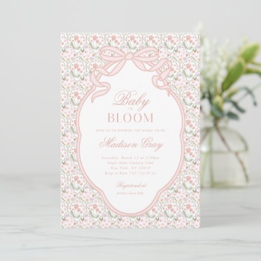 Pink Bow Baby in Bloom Baby Dusche Einladung (Stehend Vorderseite)