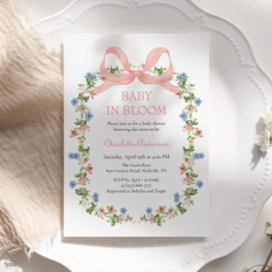Pink Bow Baby in Bloom Baby Dusche Einladung