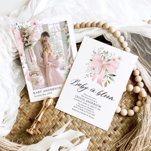 Pink Bow Baby in Bloom Floral Girl Babydusche Einladung
