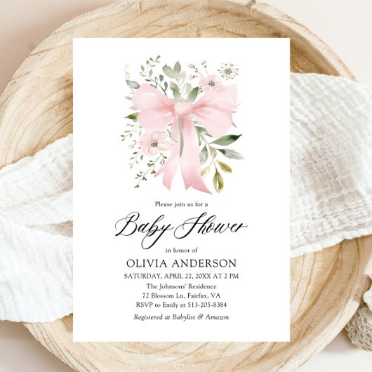 Pink Bow Baby in Bloom Floral Girl Babydusche Einladung