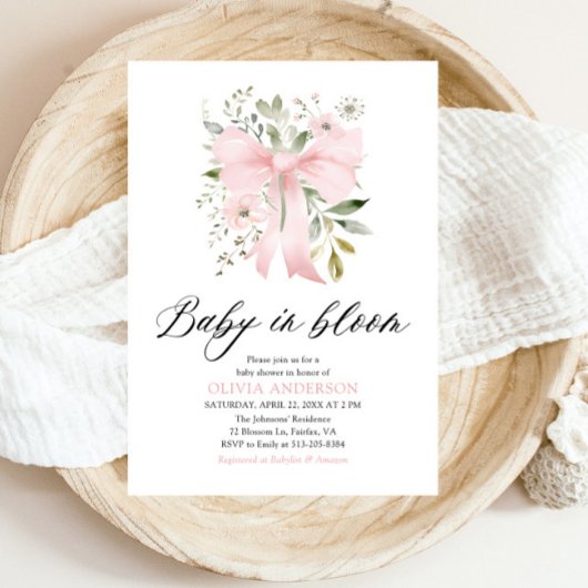 Pink Bow Baby in Bloom Floral Girl Babydusche Einladung