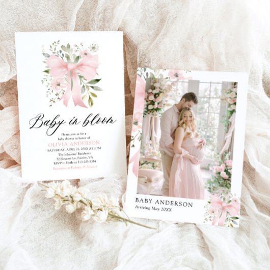 Pink Bow Baby in Bloom Floral Girl Babydusche Einladung