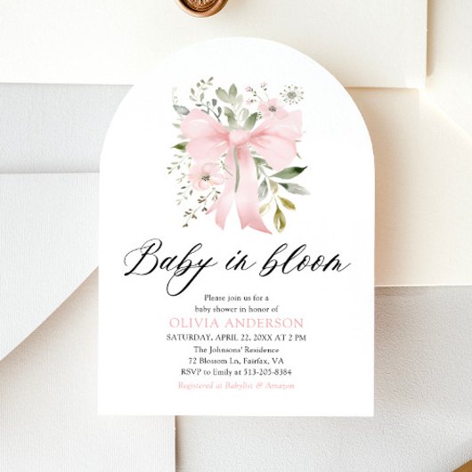 Pink Bow Baby in Bloom Floral Girl Babydusche Einladung