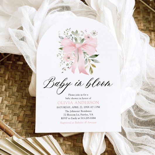 Pink Bow Baby in Bloom Floral Girl Babydusche Einladung