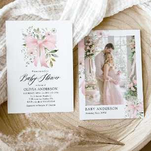 Pink Bow Baby in Bloom Floral Girl Babydusche Einladung
