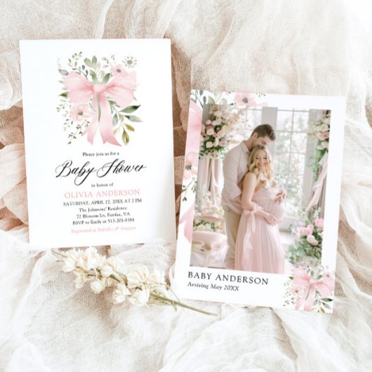 Pink Bow Baby in Bloom Floral Girl Babydusche Einladung