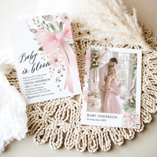 Pink Bow Baby in Bloom Floral Girl Babydusche Einladung