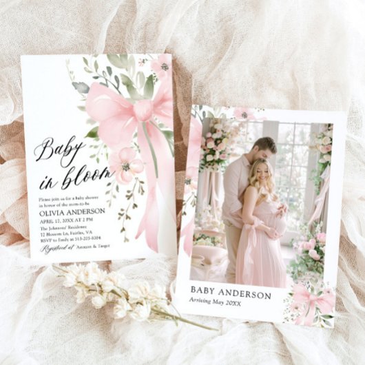 Pink Bow Baby in Bloom Floral Girl Babydusche Einladung