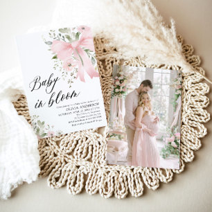 Pink Bow Baby in Bloom Floral Girl Babydusche Einladung