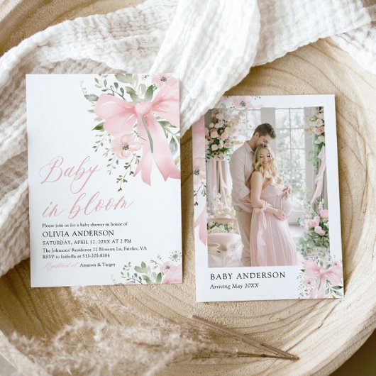 Pink Bow Baby in Bloom Floral Girl Babydusche Einladung