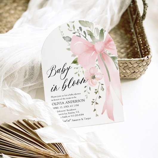 Pink Bow Baby in Bloom Floral Girl Babydusche Einladung