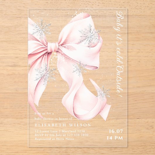 Pink Bow Baby It's Cold Outside Baby Shower Acryleinladungen (Vorderseite)