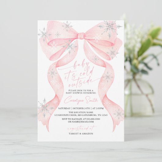 Pink Bow Baby It's Cold Outside Baby Shower Einladung (Stehend Vorderseite)