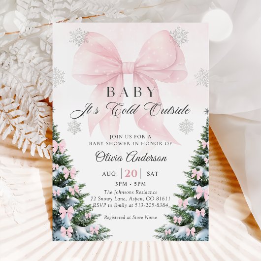 Pink Bow Baby It's Cold Outside Baby Shower  Invit Einladung