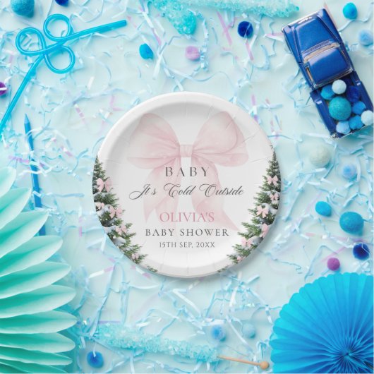Pink Bow Baby It's Cold Outside Bow Baby Shower Pappteller (Party)