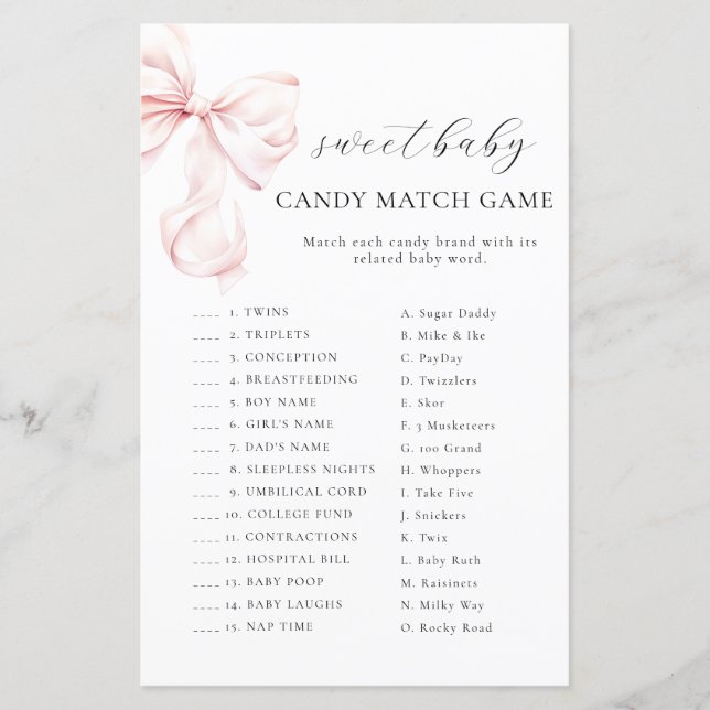 Pink Bow Baby Shower CANDY MATCH GAME (Vorderseite)