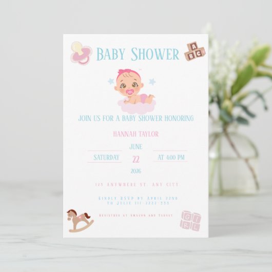Pink Bow Baby Shower Einladung Customizable (Stehend Vorderseite)