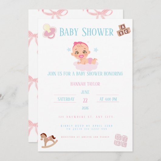Pink Bow Baby Shower Einladung Customizable (Vorne/Hinten)