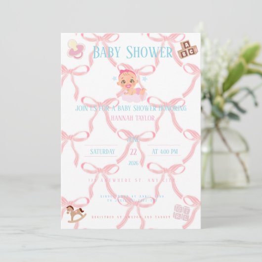 Pink Bow Baby Shower Einladung Customizable (Stehend Vorderseite)