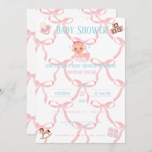 Pink Bow Baby Shower Einladung Customizable (Vorne/Hinten)
