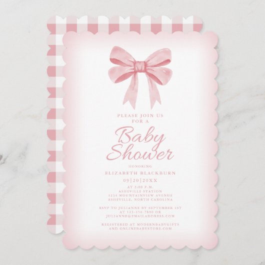 Pink Bow Baby Shower Elegante Girly Gingham Karo Einladung (Vorne/Hinten)