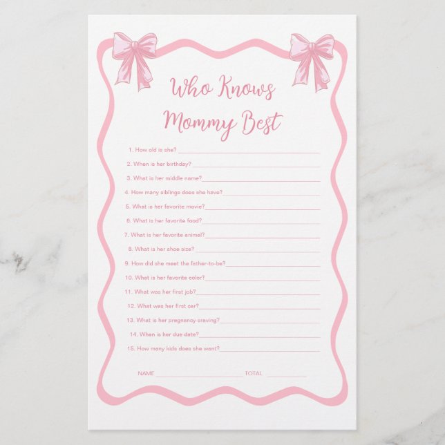 Pink Bow Baby Shower Game, das Mommy Best kennt (Vorderseite)