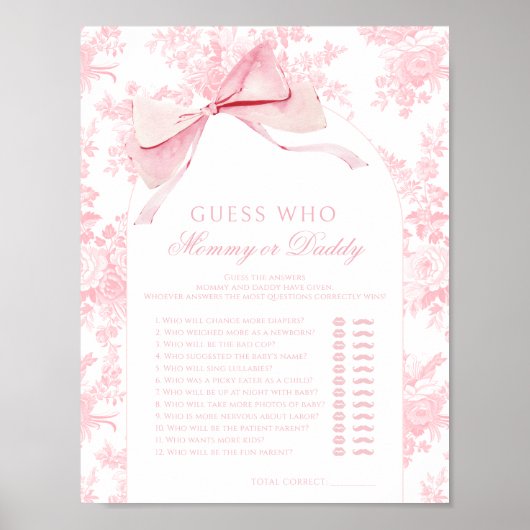 Pink Bow Baby Shower Game Guess Who Mommy Daddy Poster (Vorne)