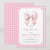 Pink Bow Baby Shower Gingham Plaid It's a Girl Einladung (Vorne/Hinten)
